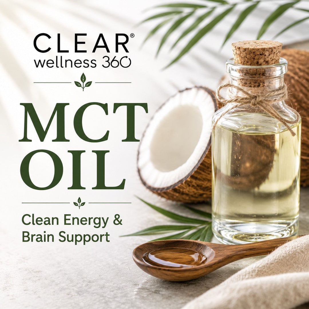 MCT oil supplement bottle, a medium-chain triglyceride carrier fat that supports Vitamin D3 and K2 absorption