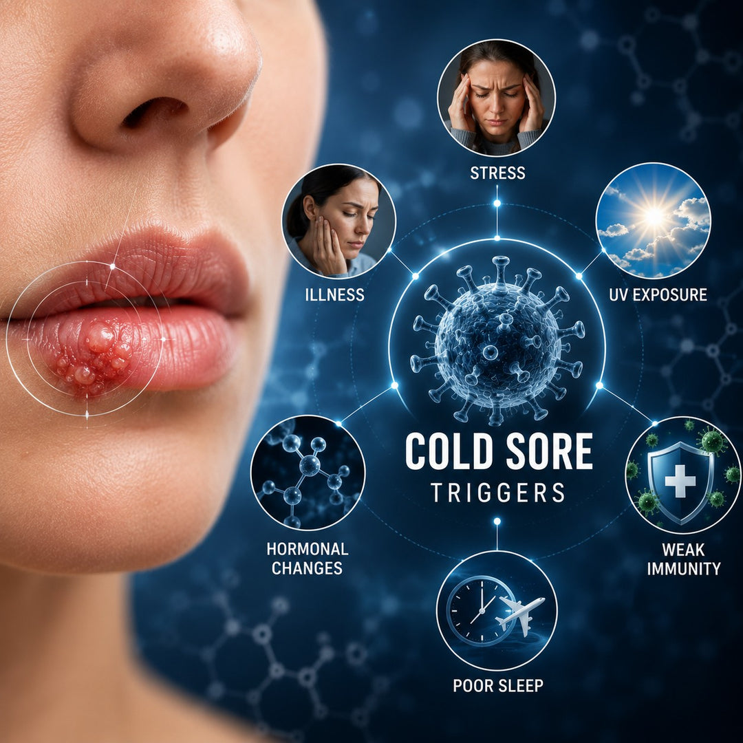 Infographic showing cold sore reactivation triggers including stress, sun, arginine-rich foods, illness, and hormonal changes