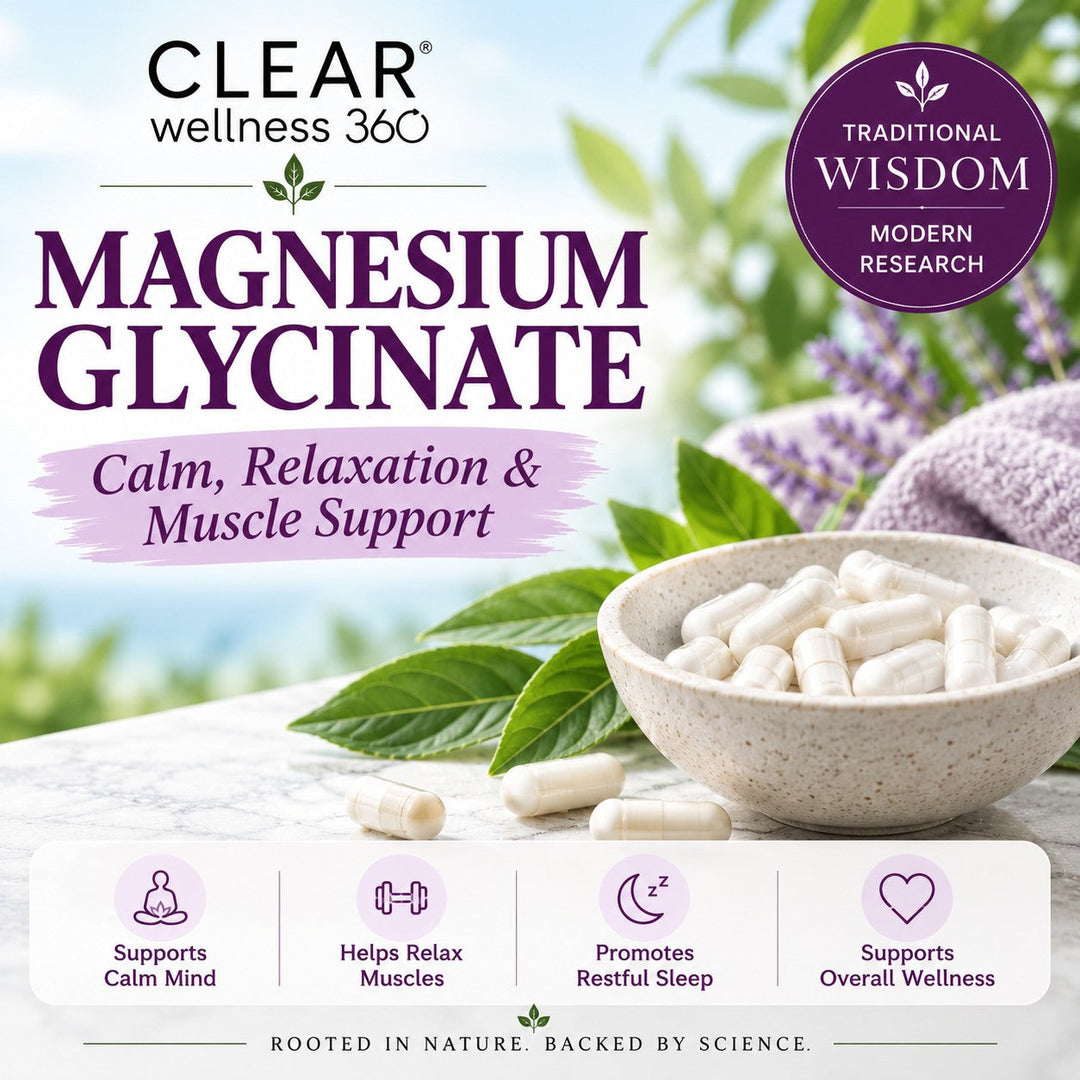 Clear Wellness 360 Magnesium Glycinate supplement bottle formulated for calm, relaxation, and restful sleep support
