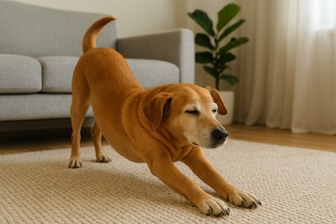 A brown dog stretching on a beige carpet in a living room, illustrating natural ways to relieve joint pain in dogs