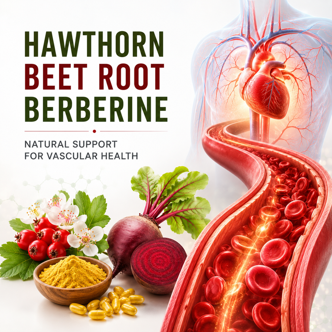 Hawthorn berry, beet root, and berberine vascular health supplement infographic showing nitric oxide pathways