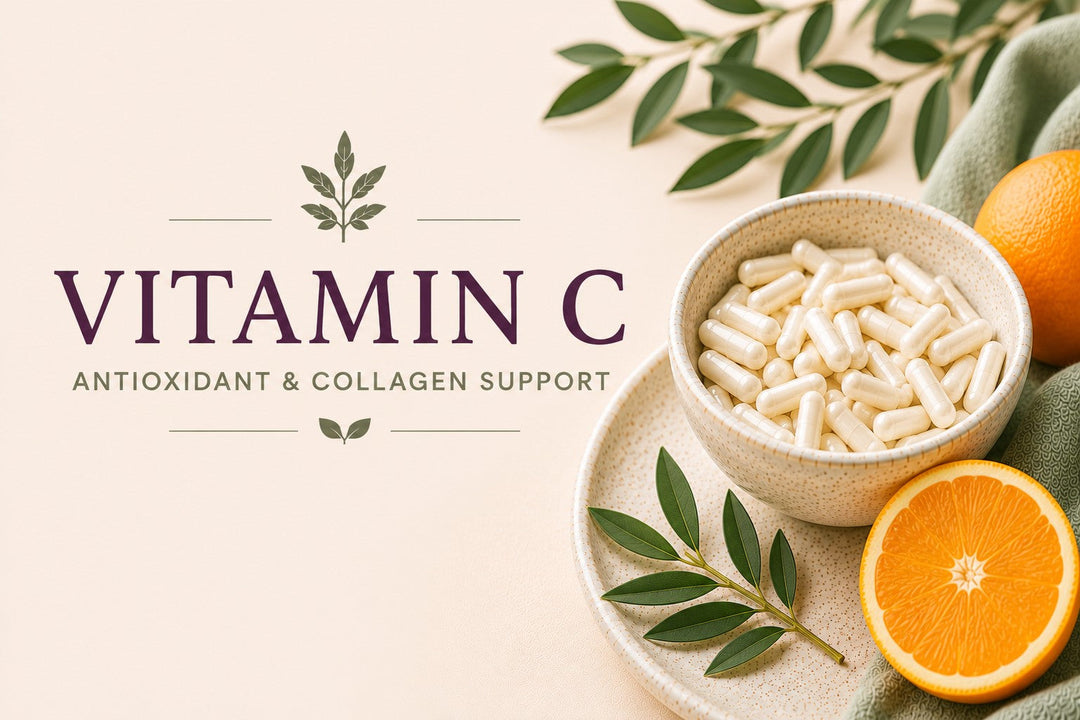 Vitamin C supplement capsules that support collagen production, skin health, and immune cell defense against cold sores