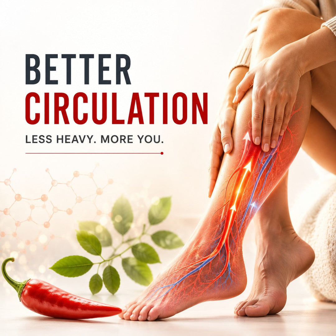 Poor circulation infographic showing cold hands and heavy legs versus healthy circulation with warm hands and lighter legs