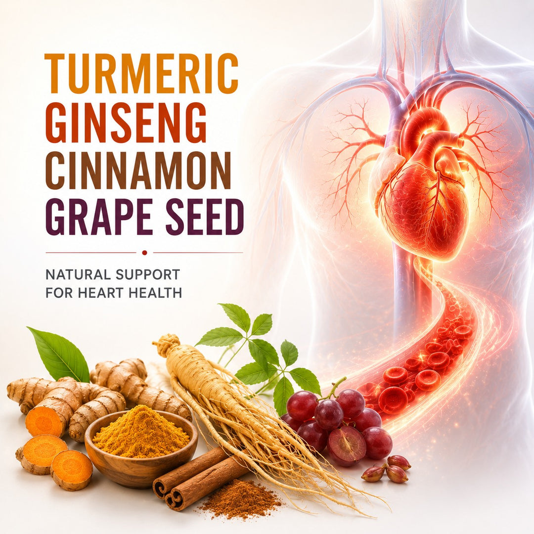 Turmeric, ginseng, cinnamon and grape seed supporting cardiovascular health and circulation