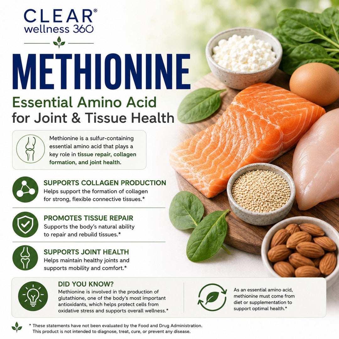 L-Methionine essential amino acid supplement supporting joint health and SAMe production from Clear Wellness 360