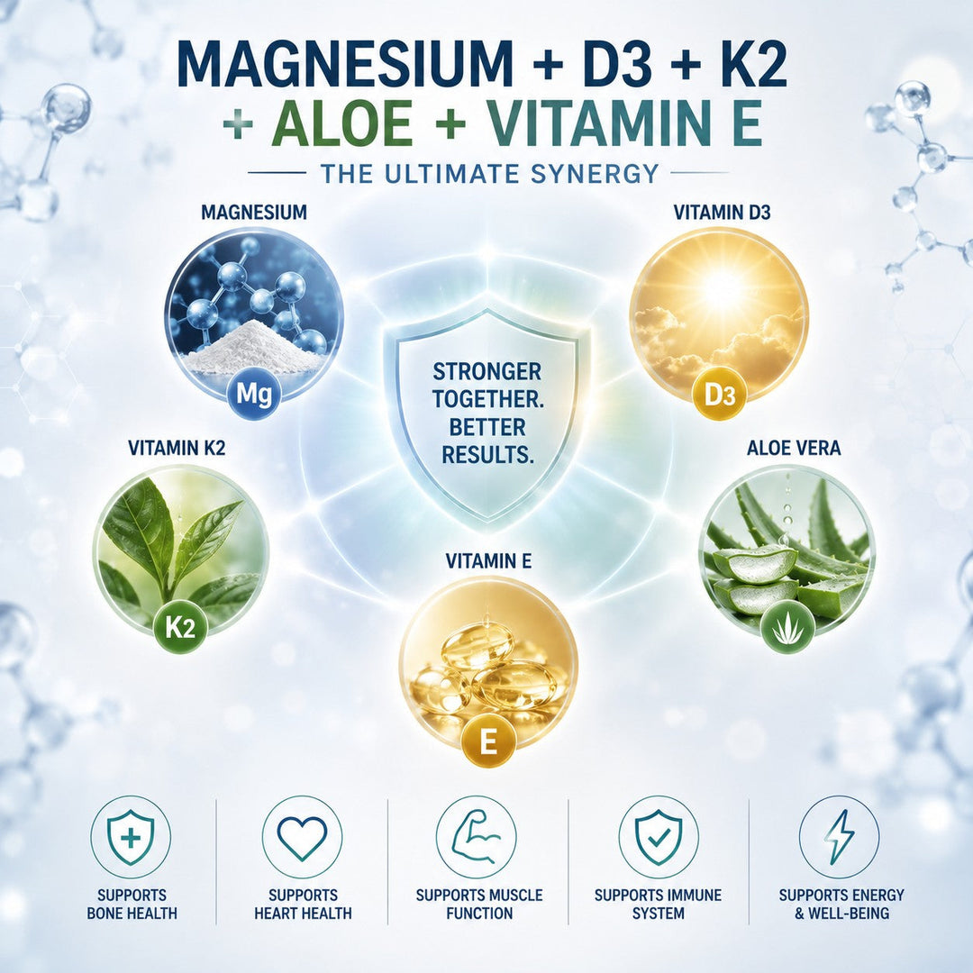 Magnesium D3 K2 synergy formula showing five interconnected nutrients supporting bone health, heart health, muscle function, immune system and energy