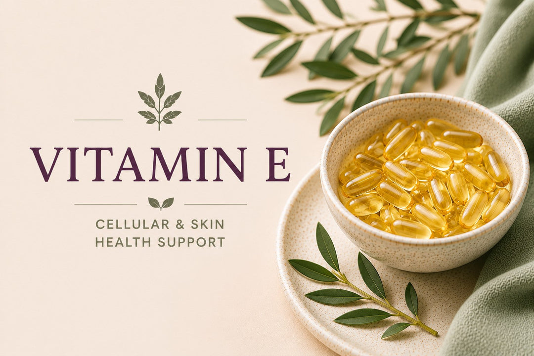 Vitamin E softgel supplement bottle representing fat-soluble antioxidant support for cell membrane and cardiovascular health