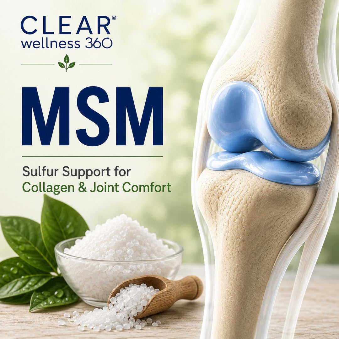 MSM sulfur compound supporting collagen synthesis and joint comfort in Clear Wellness 360 joint supplement