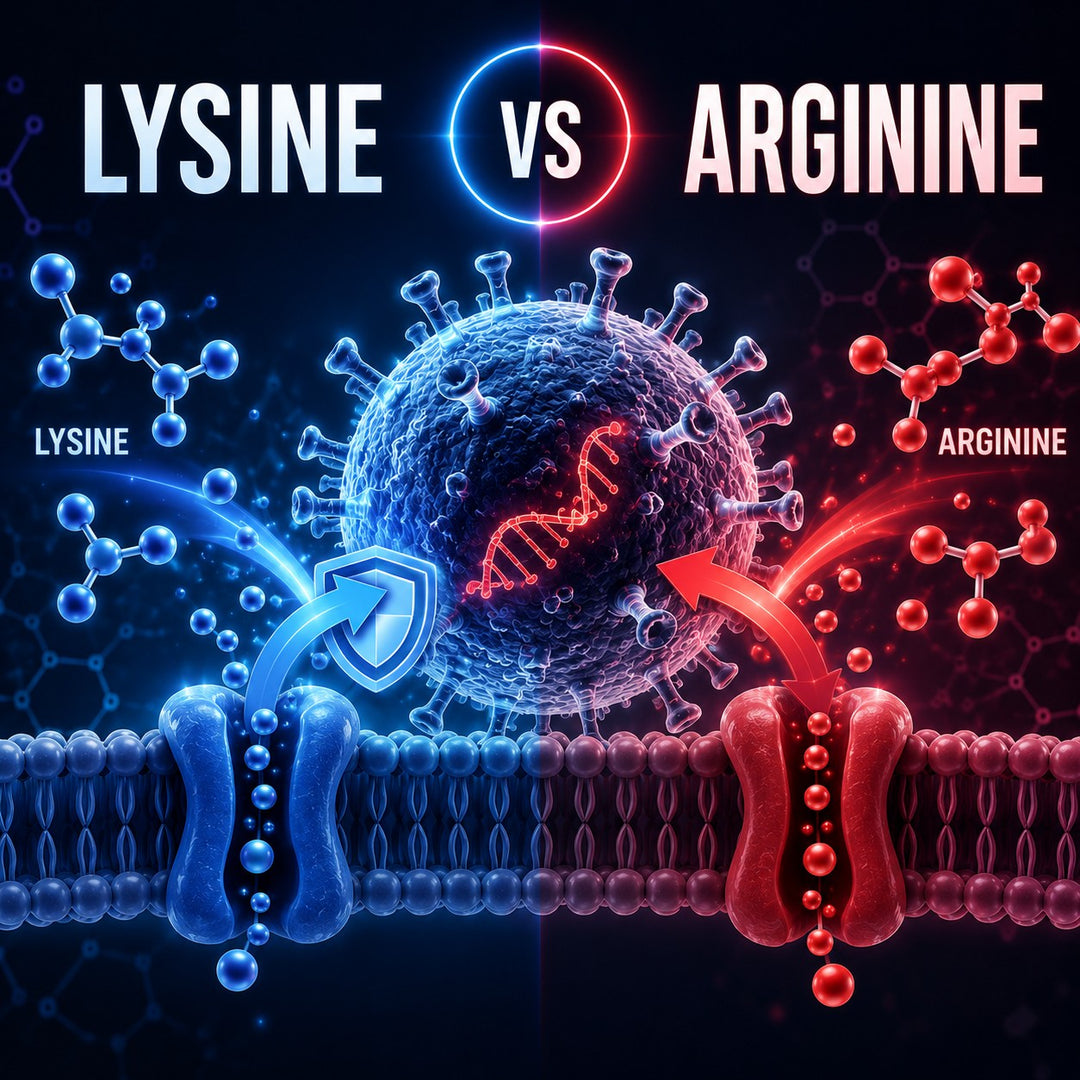 L-Lysine vs arginine competition diagram showing how lysine blocks HSV-1 replication for cold sore prevention