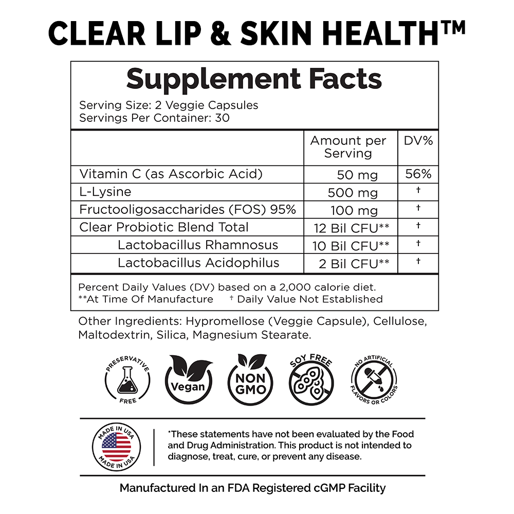 Clear Lip & Skin Health probiotic blend for cold sores has minimal ingredients by design.
