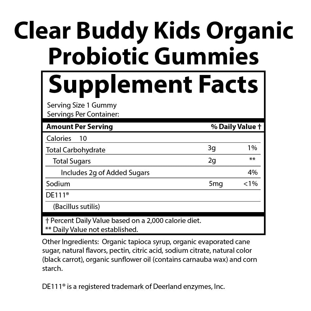 Ingredient list, best Clear Buddy Kids Organic Probiotic Gummies Probiotics Plus | Clear Probiotics